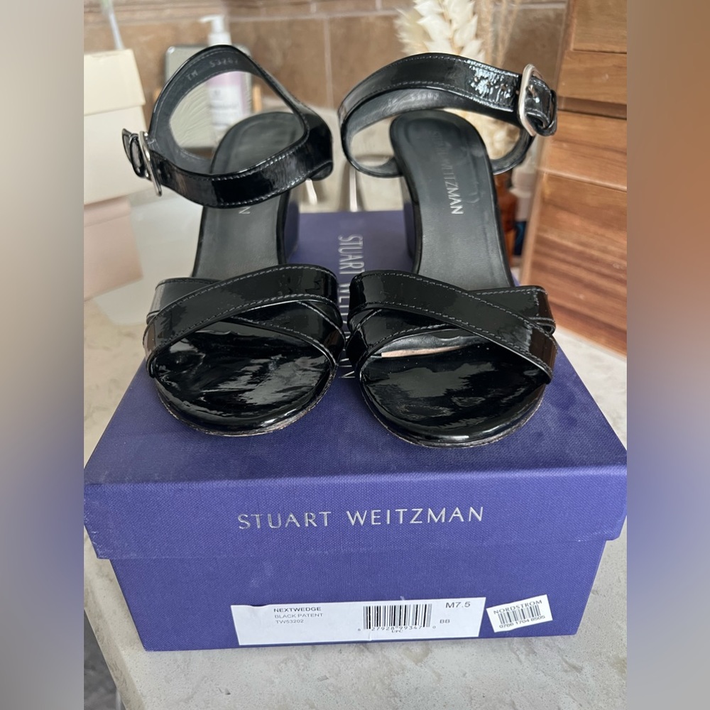 Stuart Weitzman size 7.5 black patent wedge sandals